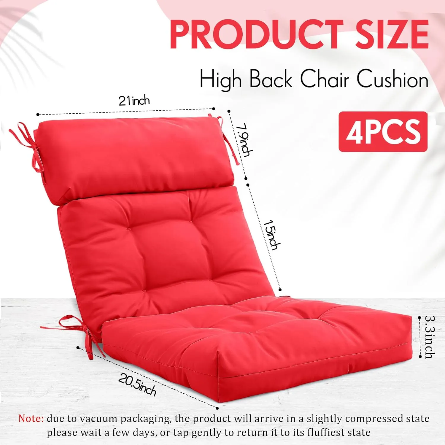 Barydat 4 Pack High Back Chair Cushion Indoor Outdoor Tufted Seat and Back Chair Rocking Pads Lounge Porch Seat Cushion with Ties for Patio Furniture, 43.4 x 21 x 3.3 Inch(Red)