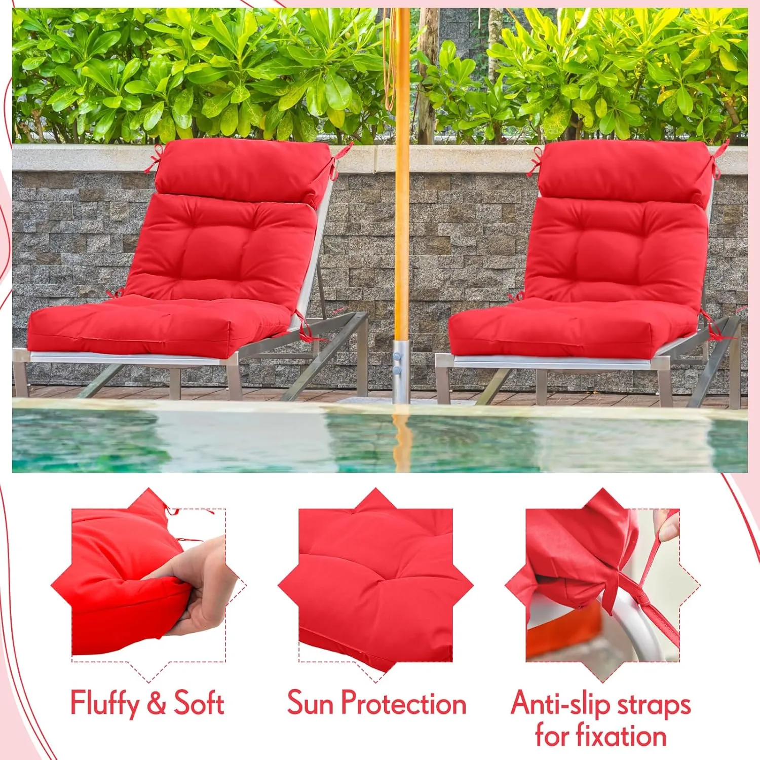 Barydat 4 Pack High Back Chair Cushion Indoor Outdoor Tufted Seat and Back Chair Rocking Pads Lounge Porch Seat Cushion with Ties for Patio Furniture, 43.4 x 21 x 3.3 Inch(Red)