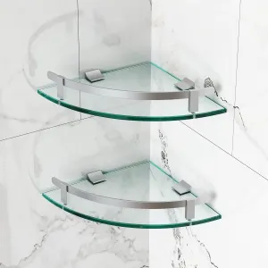 Bathroom Shelves, Glass Shelf Wall Mounted Glass Corner Shower Shelf with Aluminum Rail for Bathroom (2 Packs)