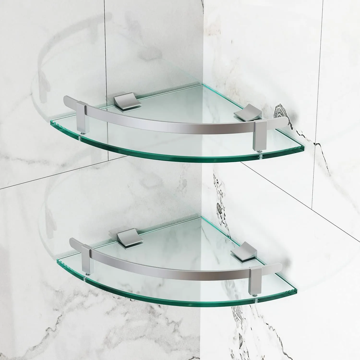 Bathroom Shelves, Glass Shelf Wall Mounted Glass Corner Shower Shelf with Aluminum Rail for Bathroom (2 Packs)
