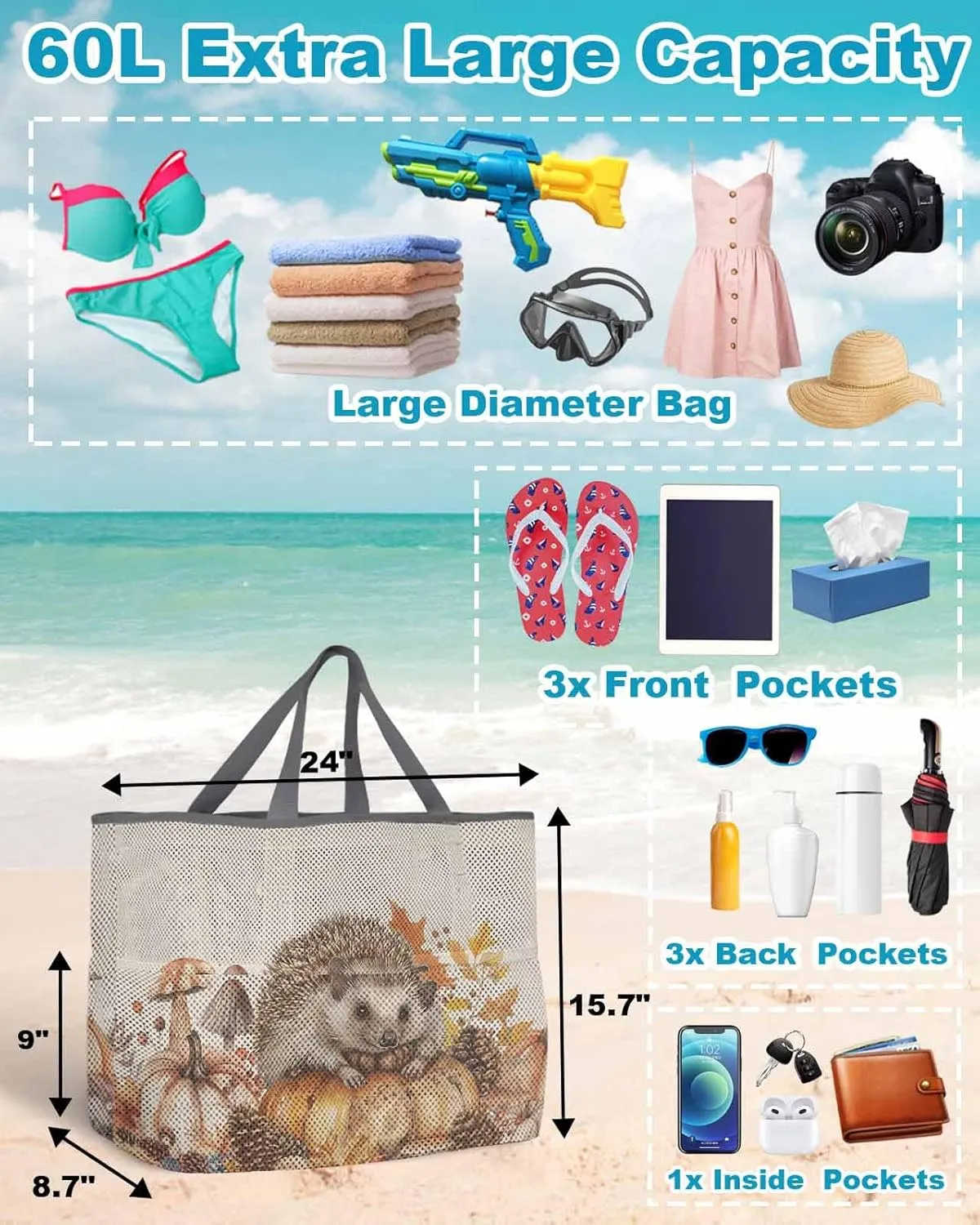 Beach Bag for Women Mesh Tote Bags Fall Thanksgiving Country Pastoral Hedgehog Pool Bag with Pockets Travel Tote Bags