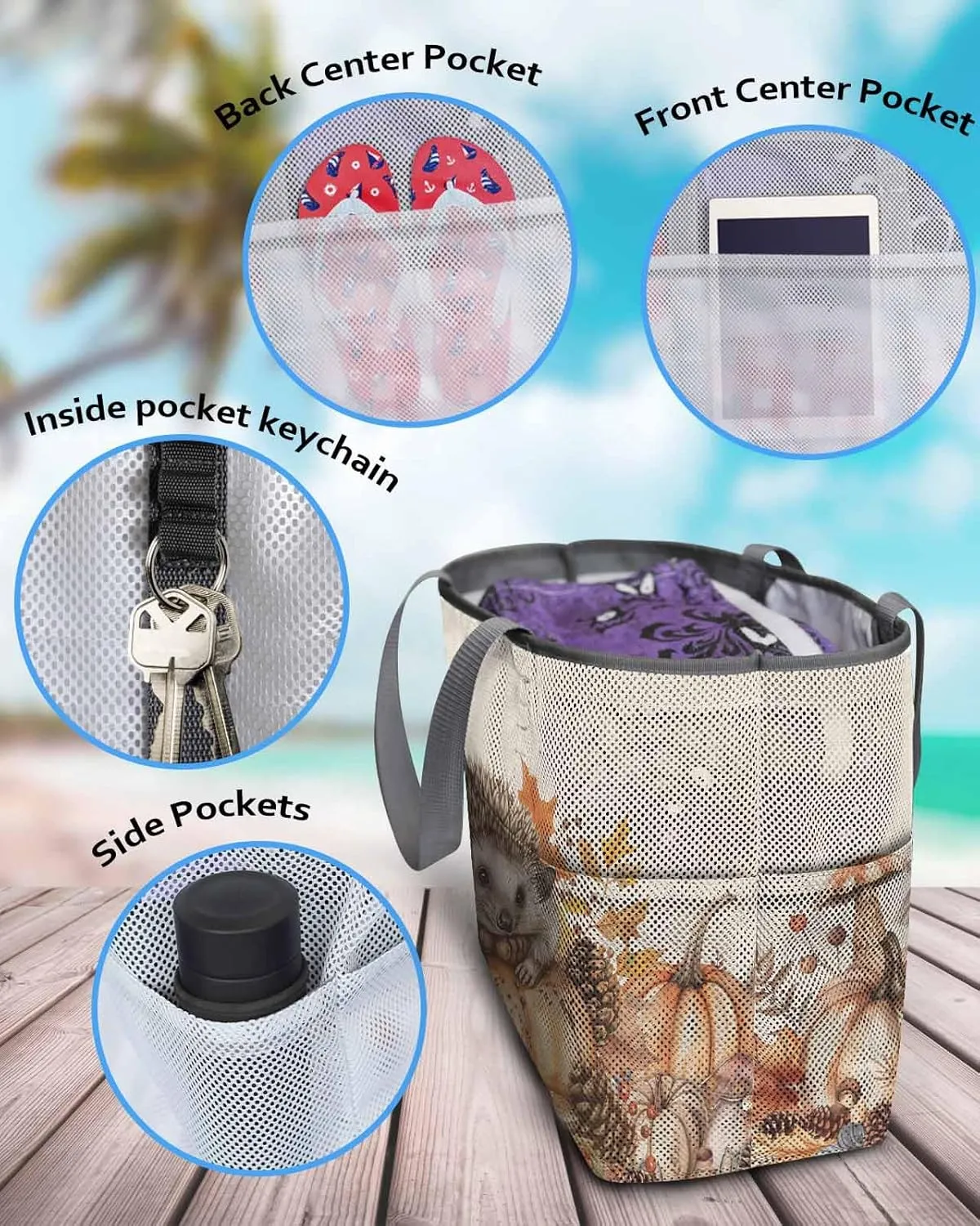Beach Bag for Women Mesh Tote Bags Fall Thanksgiving Country Pastoral Hedgehog Pool Bag with Pockets Travel Tote Bags