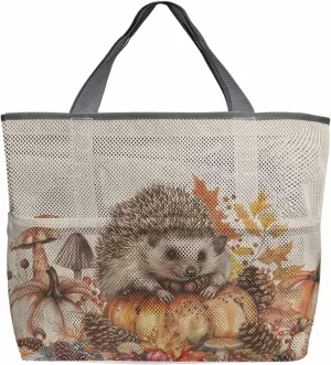 Beach Bag for Women Mesh Tote Bags Fall Thanksgiving Country Pastoral Hedgehog Pool Bag with Pockets Travel Tote Bags