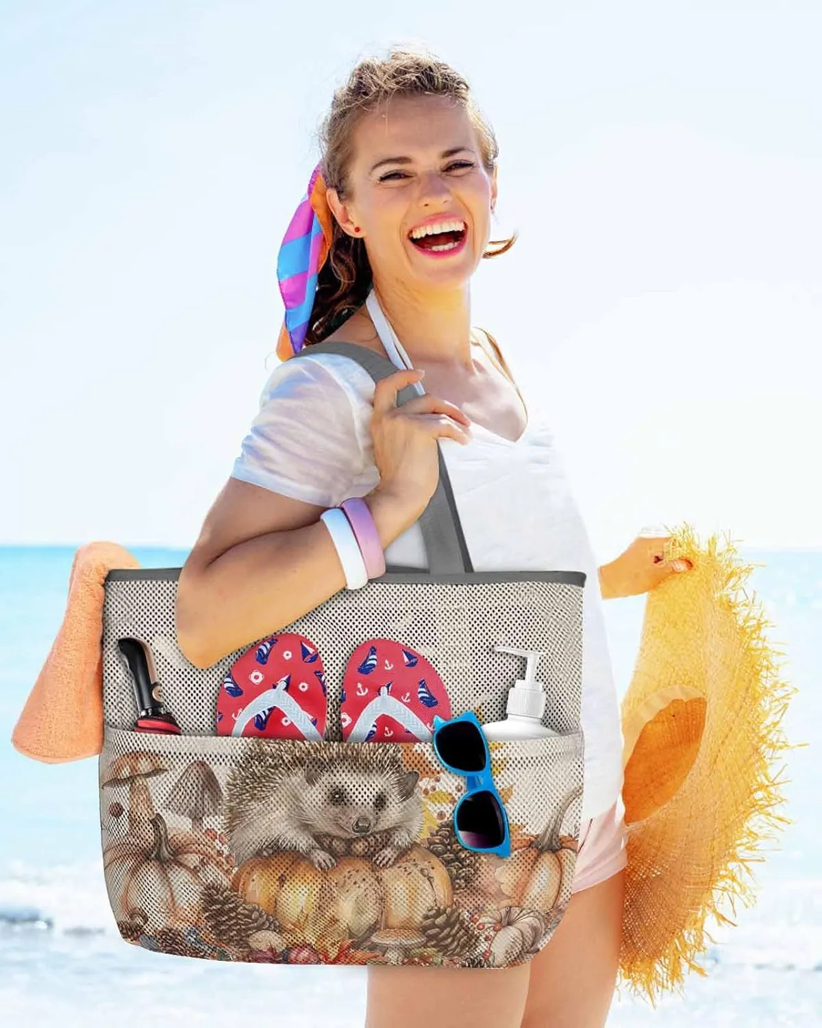 Beach Bag for Women Mesh Tote Bags Fall Thanksgiving Country Pastoral Hedgehog Pool Bag with Pockets Travel Tote Bags