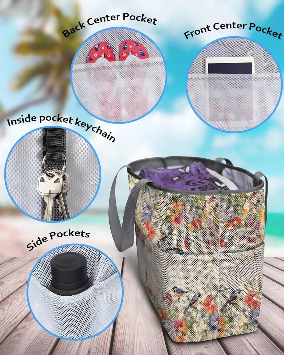Beach Bag for Women Mesh Tote Bags Spring Pastoral Flower Bird Retro Linen Pool Bag with Pockets Travel Tote Bags