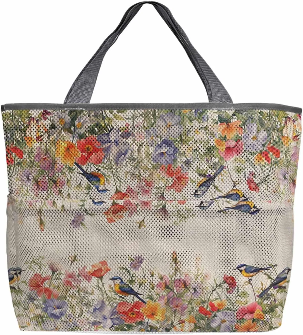 Beach Bag for Women Mesh Tote Bags Spring Pastoral Flower Bird Retro Linen Pool Bag with Pockets Travel Tote Bags