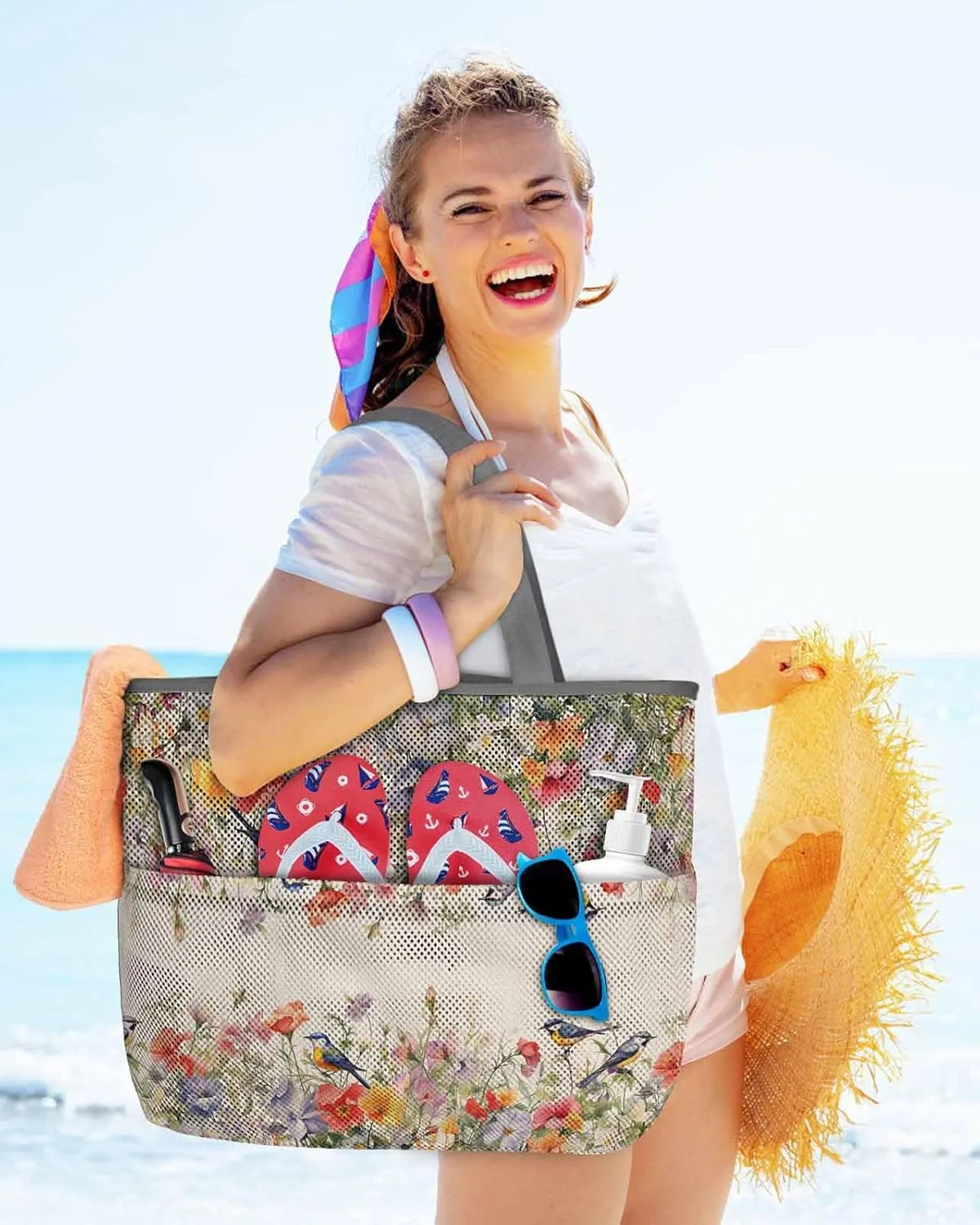 Beach Bag for Women Mesh Tote Bags Spring Pastoral Flower Bird Retro Linen Pool Bag with Pockets Travel Tote Bags