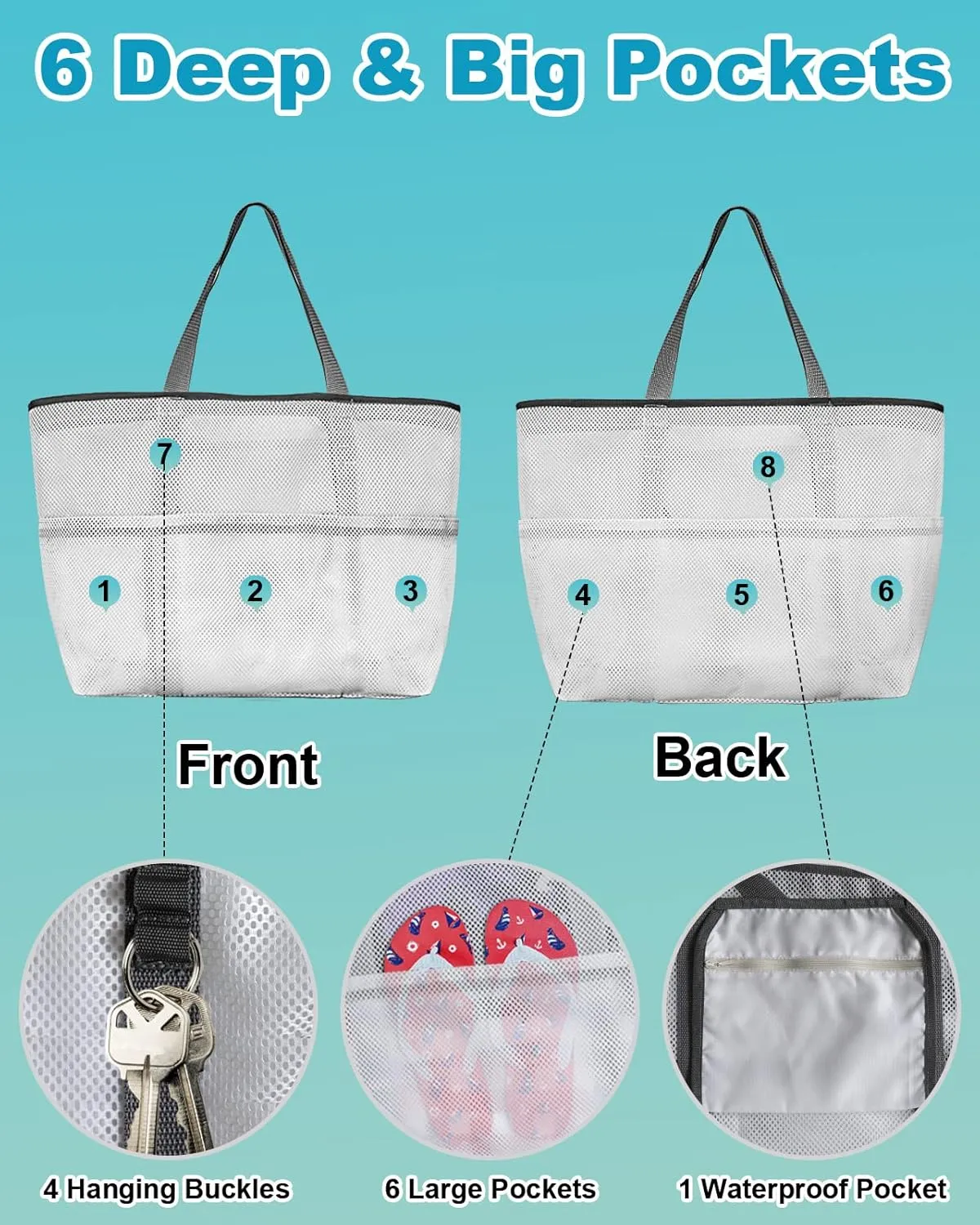Beach Bag for Women Mesh Tote Bags Spring Pastoral Flower Bird Retro Linen Pool Bag with Pockets Travel Tote Bags