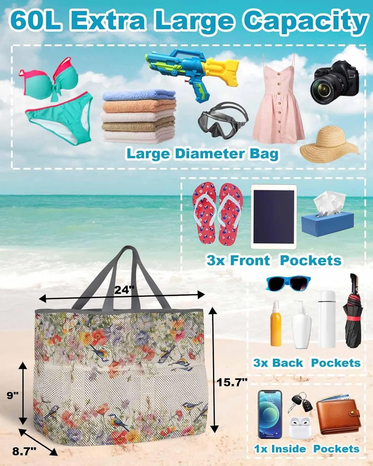 Beach Bag for Women Mesh Tote Bags Spring Pastoral Flower Bird Retro Linen Pool Bag with Pockets Travel Tote Bags