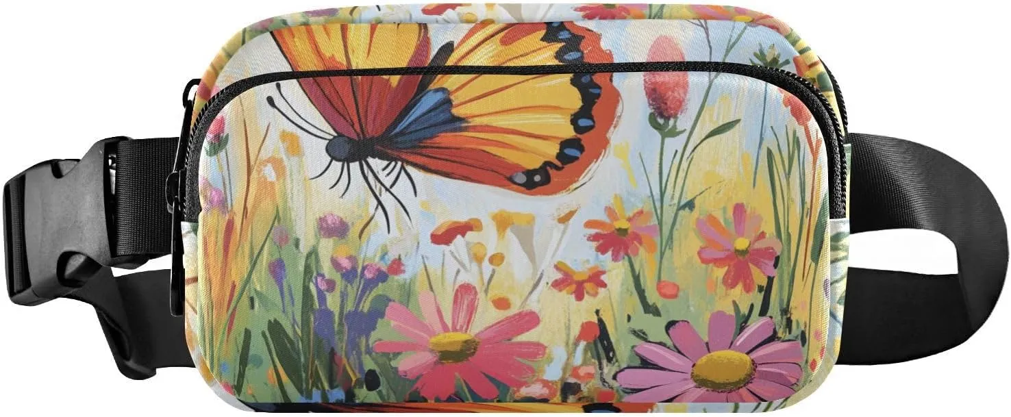 Beauty Butterfly Colorful Flowers Fashion Waist Bag Fanny Pack for Women Men Teenagers Water Resistant Sling Chest Bag with Adjustable Strap for Cycling Hiking Gym