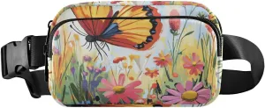 Beauty Butterfly Colorful Flowers Fashion Waist Bag Fanny Pack for Women Men Teenagers Water Resistant Sling Chest Bag with Adjustable Strap for Cycling Hiking Gym