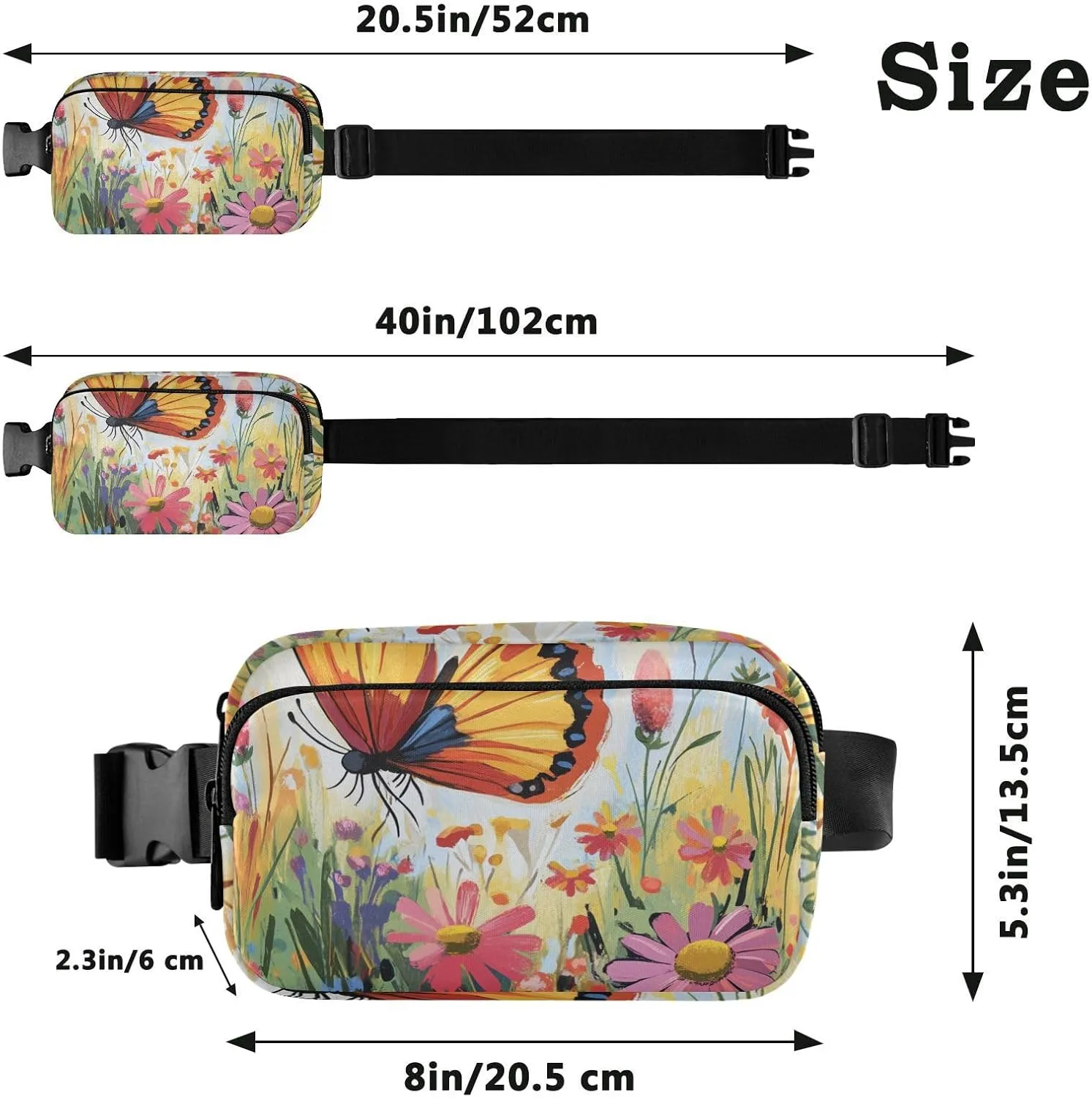 Beauty Butterfly Colorful Flowers Fashion Waist Bag Fanny Pack for Women Men Teenagers Water Resistant Sling Chest Bag with Adjustable Strap for Cycling Hiking Gym