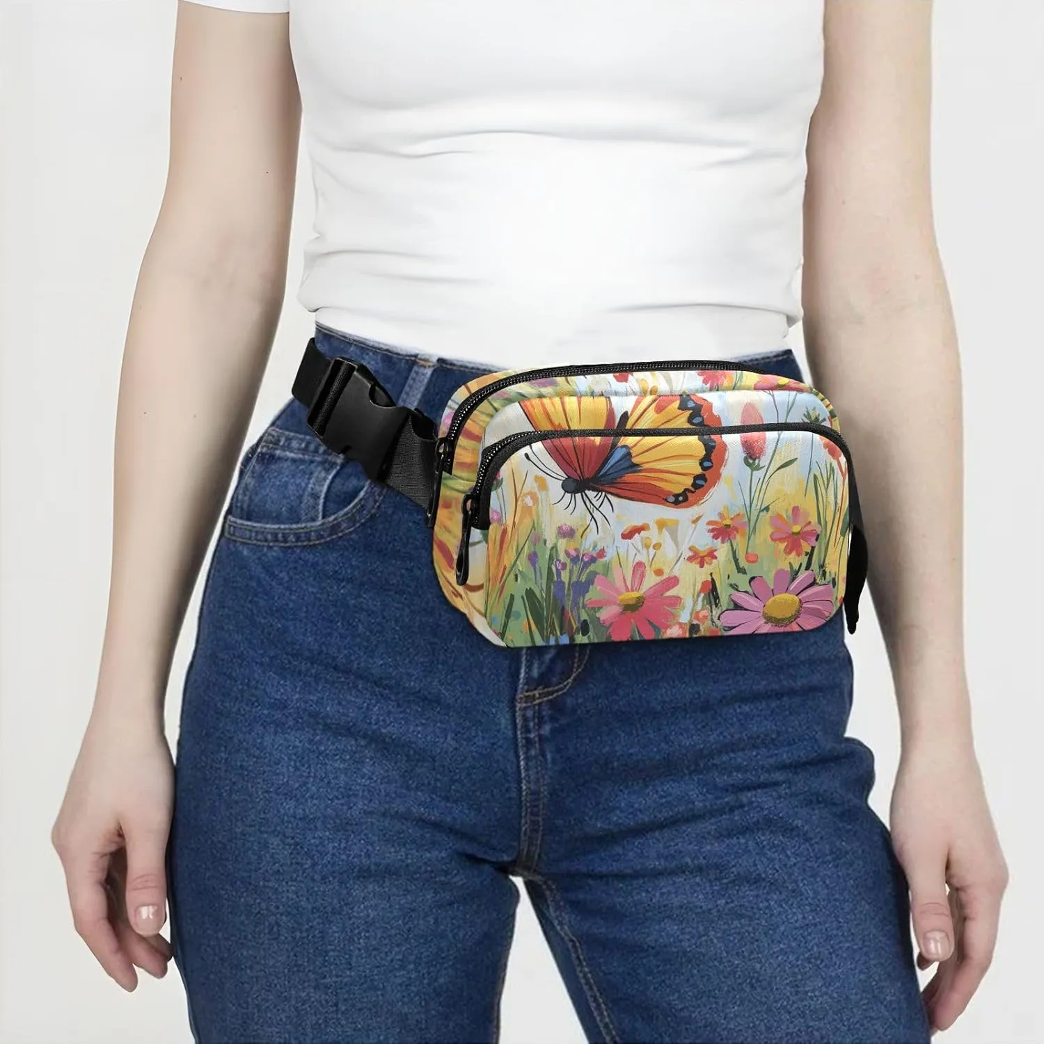 Beauty Butterfly Colorful Flowers Fashion Waist Bag Fanny Pack for Women Men Teenagers Water Resistant Sling Chest Bag with Adjustable Strap for Cycling Hiking Gym