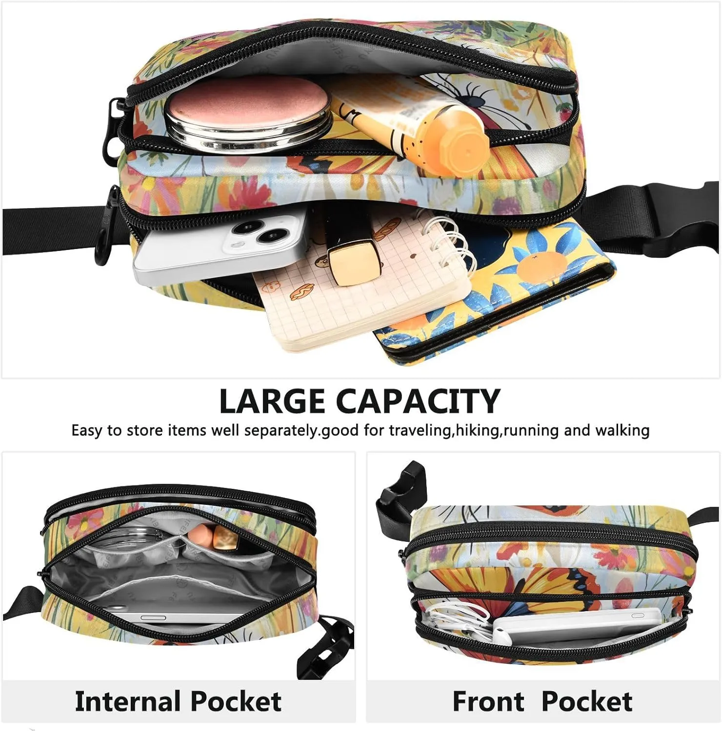 Beauty Butterfly Colorful Flowers Fashion Waist Bag Fanny Pack for Women Men Teenagers Water Resistant Sling Chest Bag with Adjustable Strap for Cycling Hiking Gym