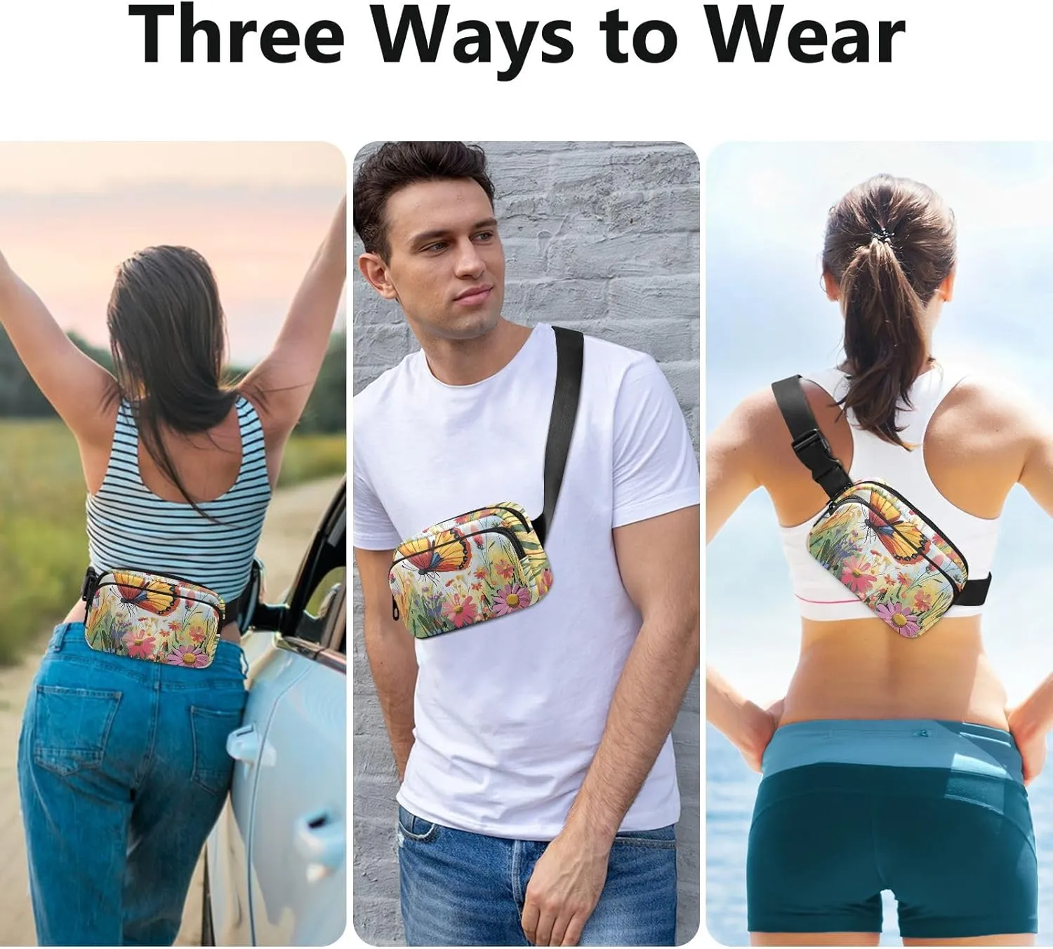Beauty Butterfly Colorful Flowers Fashion Waist Bag Fanny Pack for Women Men Teenagers Water Resistant Sling Chest Bag with Adjustable Strap for Cycling Hiking Gym