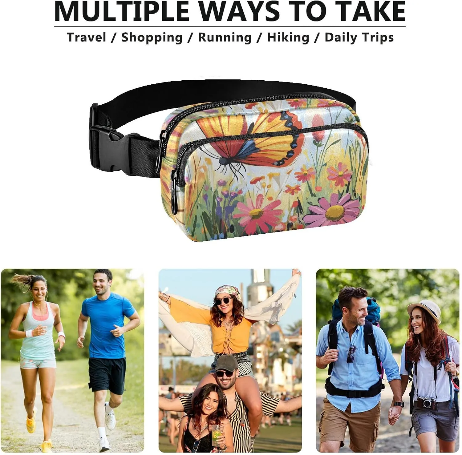 Beauty Butterfly Colorful Flowers Fashion Waist Bag Fanny Pack for Women Men Teenagers Water Resistant Sling Chest Bag with Adjustable Strap for Cycling Hiking Gym