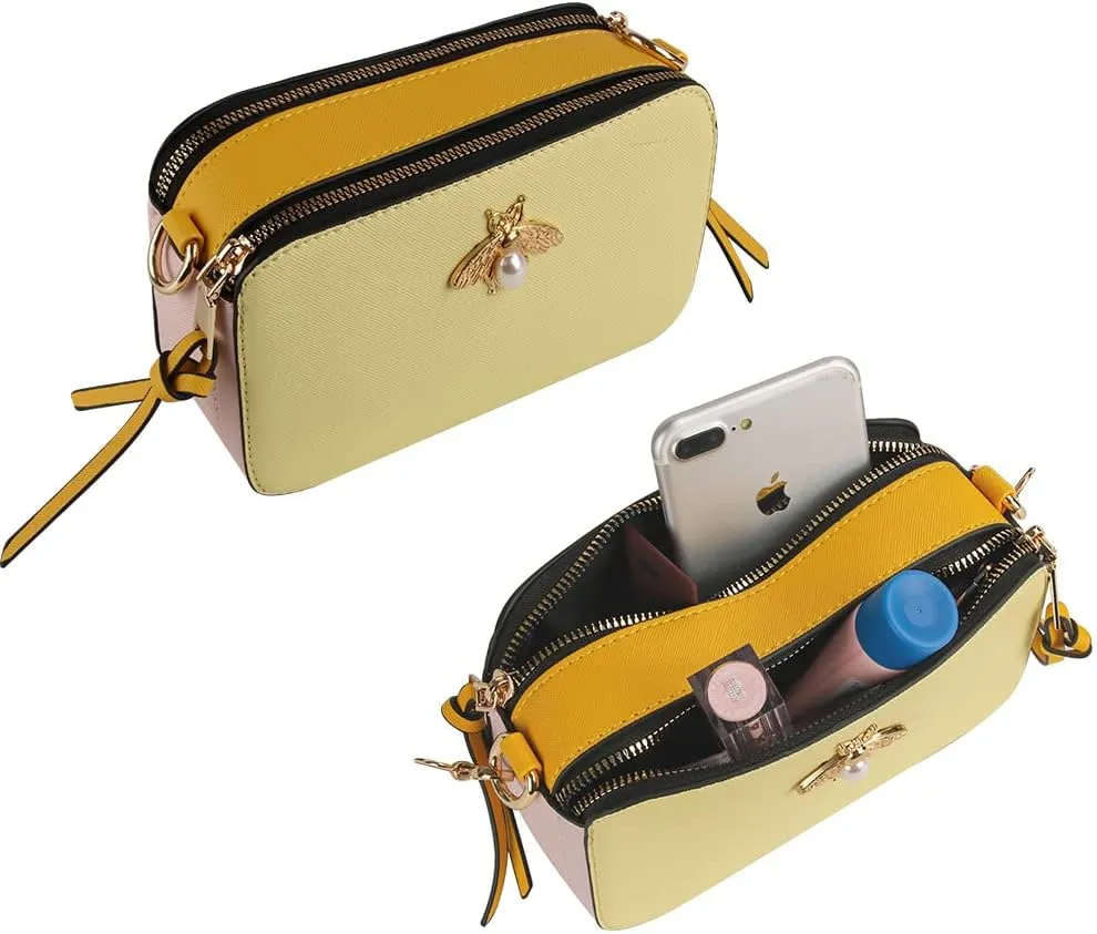 Bee Purse Camera Crossbody Bags for Women Trendy Small Snapshot Bag Wide Strap Leather Shoulder Clutch Handbags
