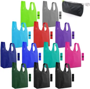BeeGreen 12 Pack Reusable Shopping Bags with Elastic 50LBS Grocery Bags Reusable Snack Bags Grocery Totes with Zipper Pouch Polyester Foldable Travel Tote Reusable Gift Bags