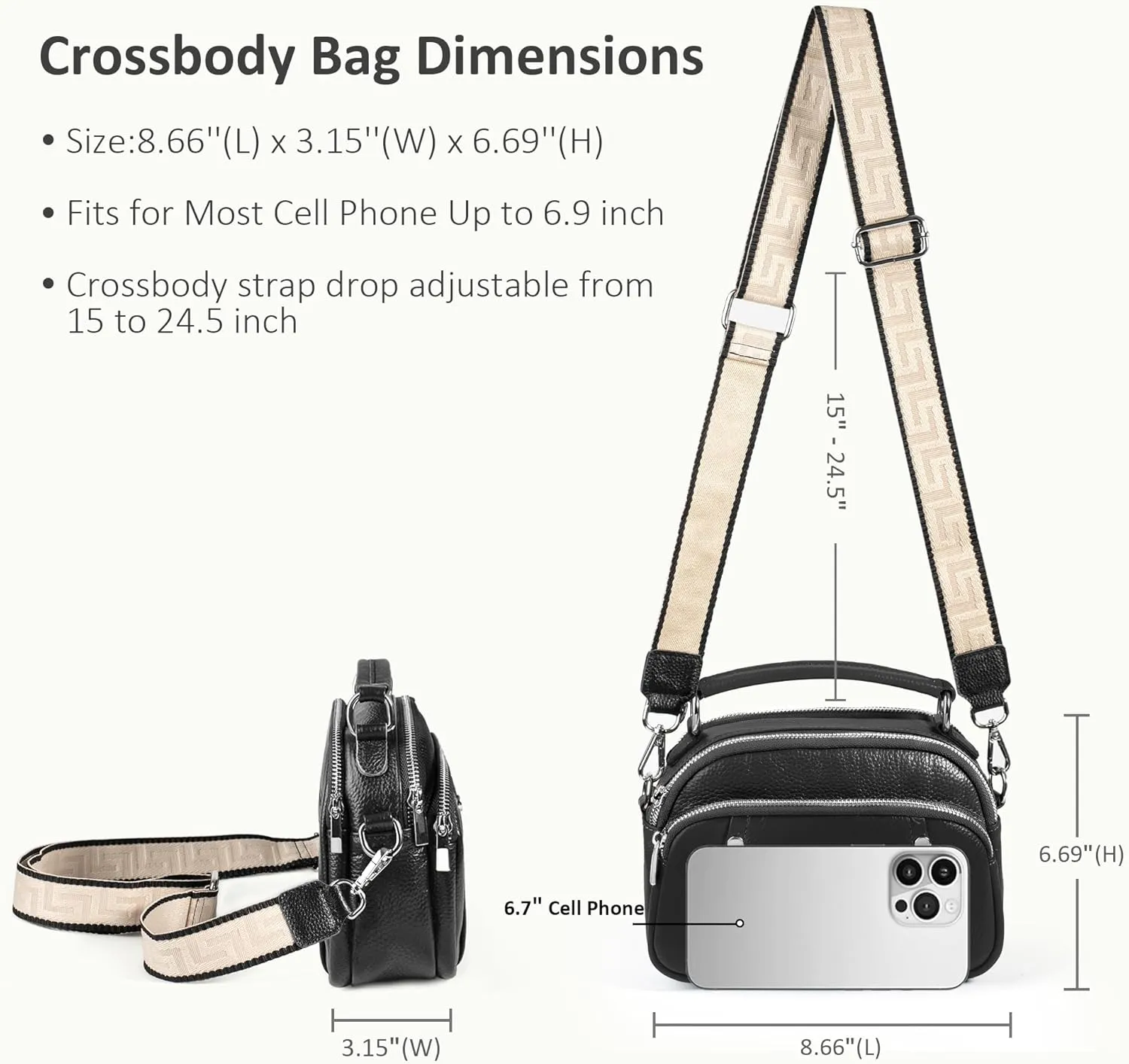befen Small Genuine Leather Camera Crossbody Bags for Women Triple Zip Cross Body Purses Handbag with Wide Strap
