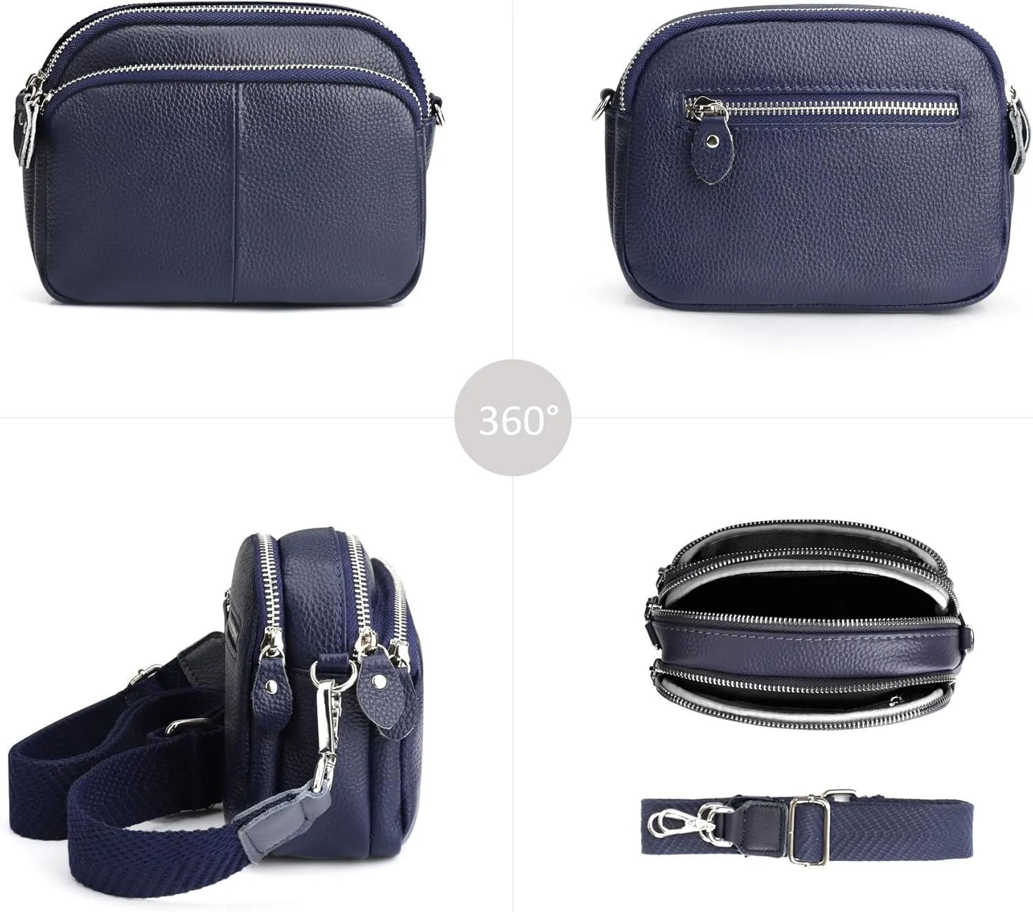 befen Small Genuine Leather Camera Crossbody Bags for Women Triple Zip Cross Body Purses Handbag with Wide Strap