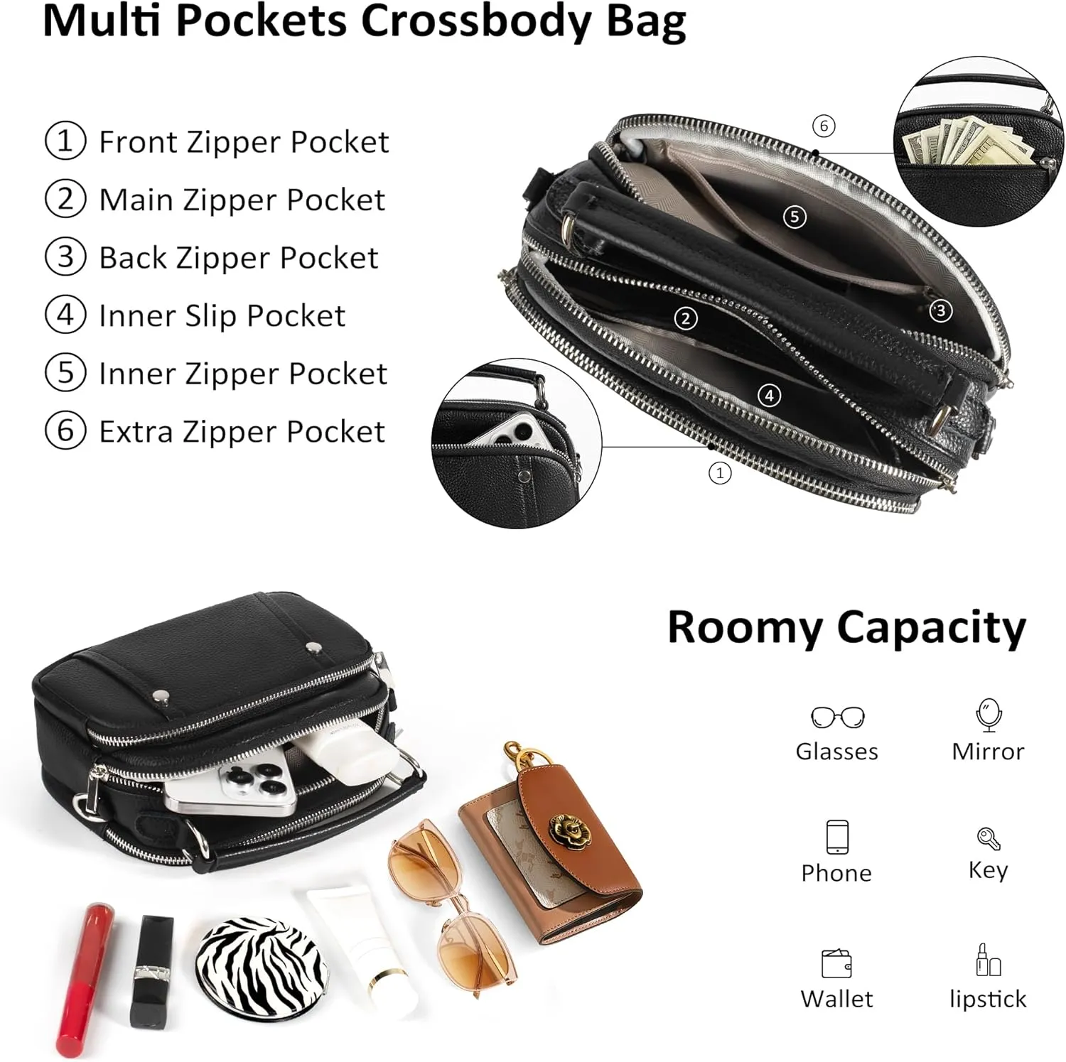 befen Small Genuine Leather Camera Crossbody Bags for Women Triple Zip Cross Body Purses Handbag with Wide Strap
