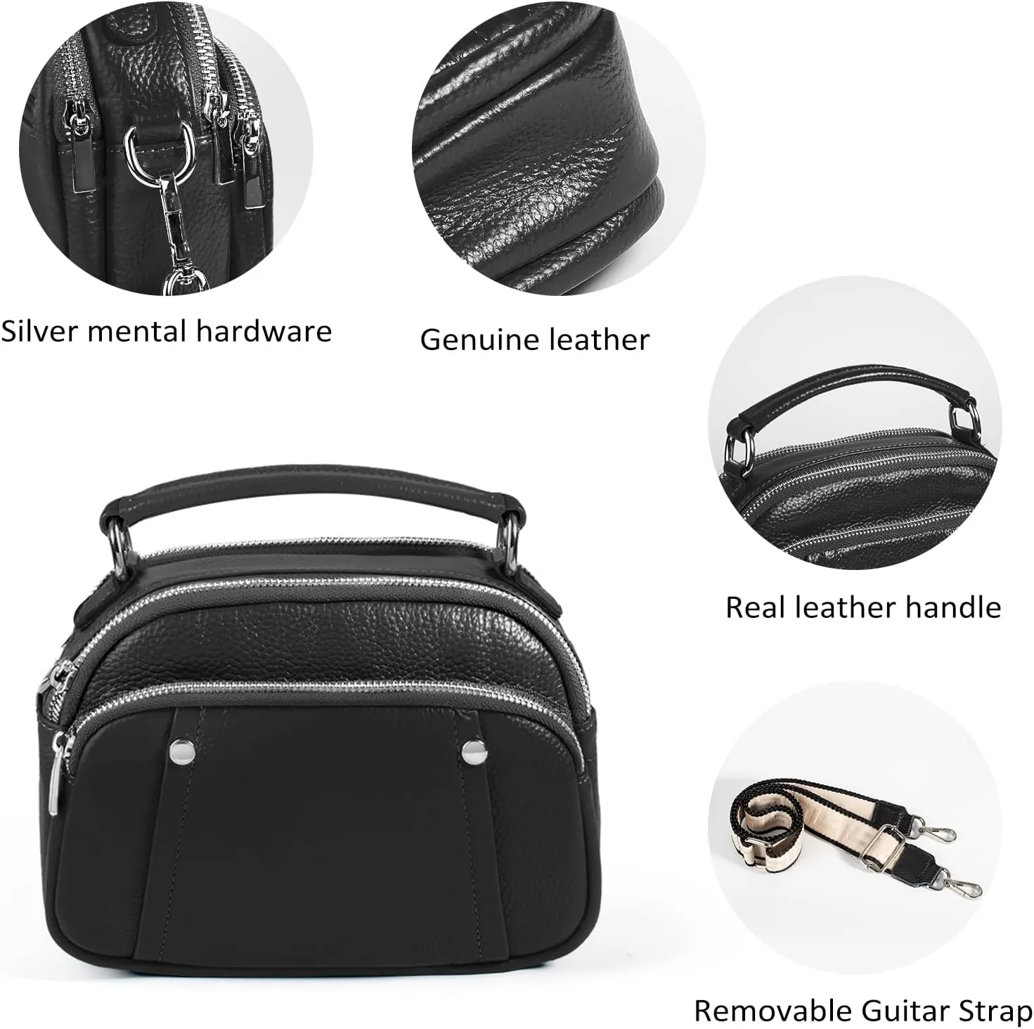 befen Small Genuine Leather Camera Crossbody Bags for Women Triple Zip Cross Body Purses Handbag with Wide Strap