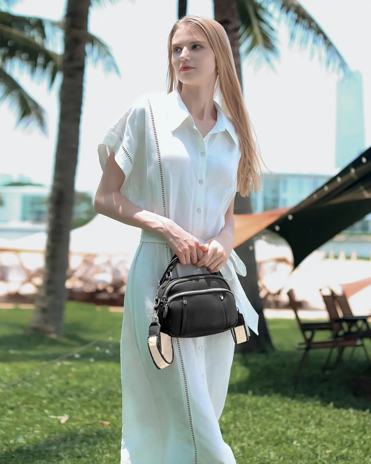 befen Small Genuine Leather Camera Crossbody Bags for Women Triple Zip Cross Body Purses Handbag with Wide Strap