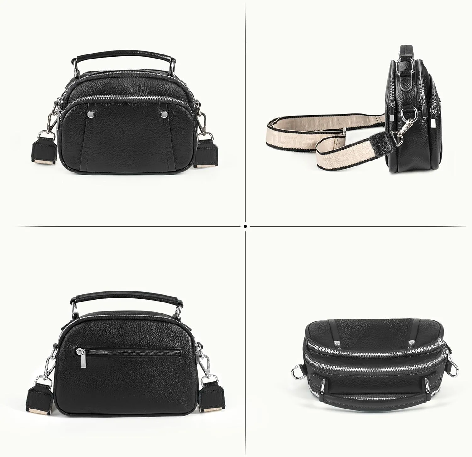 befen Small Genuine Leather Camera Crossbody Bags for Women Triple Zip Cross Body Purses Handbag with Wide Strap
