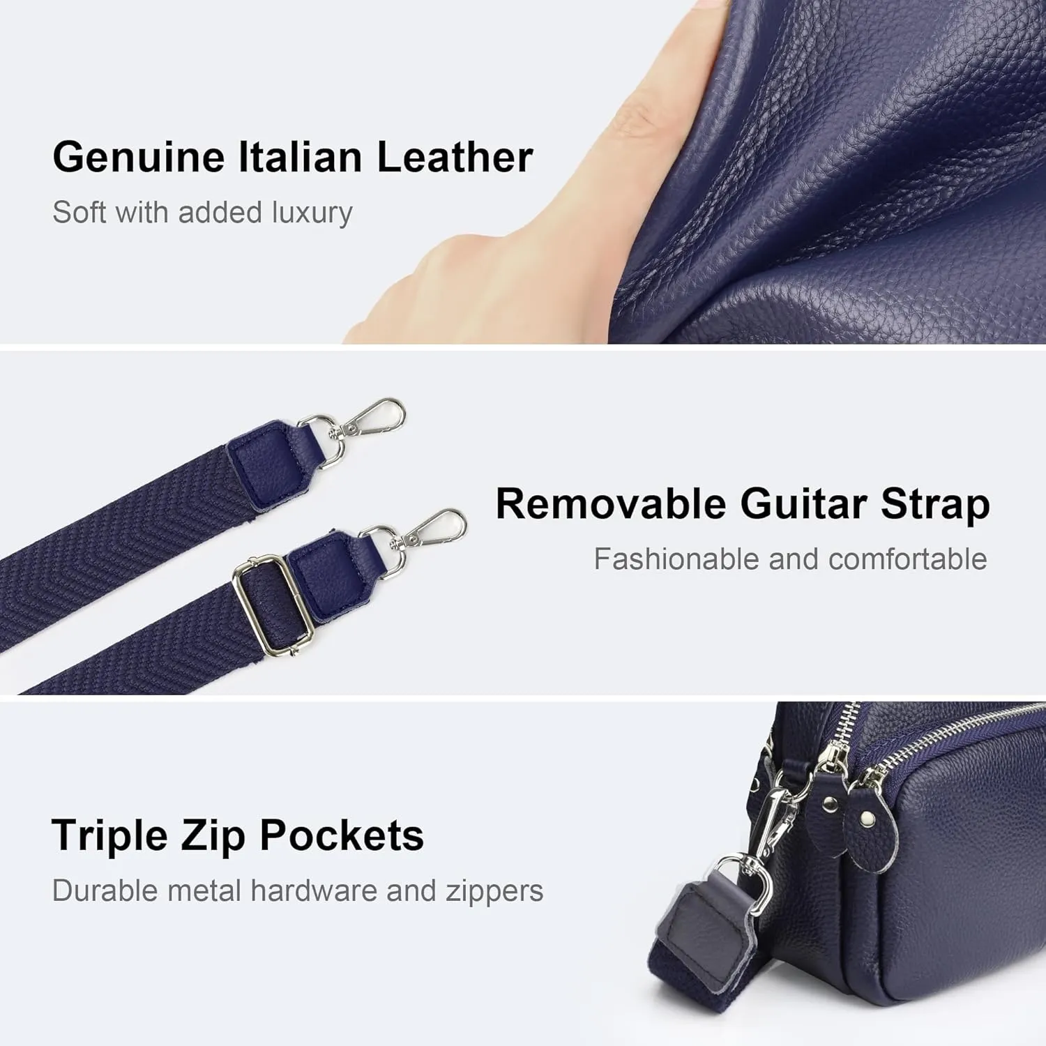 befen Small Genuine Leather Camera Crossbody Bags for Women Triple Zip Cross Body Purses Handbag with Wide Strap