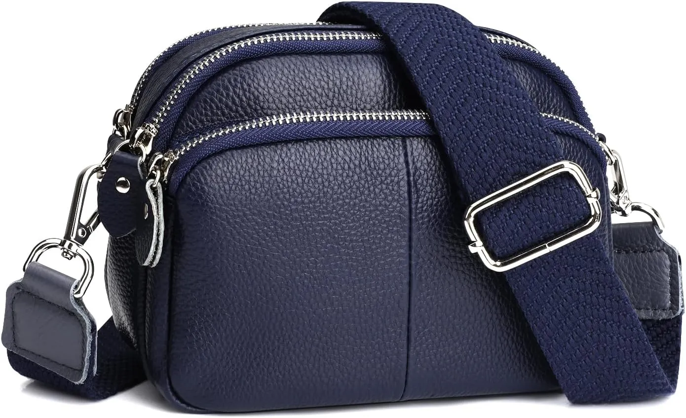 befen Small Genuine Leather Camera Crossbody Bags for Women Triple Zip Cross Body Purses Handbag with Wide Strap