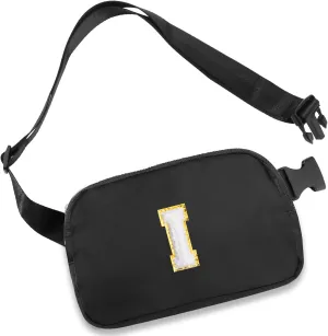 Belt Bag Fanny Pack with Initial Letter Patch, Crossbody Bags for Teen Adult Girl Women, Personalized Gifts for 8 9 10 11 12 13 Year Old Girl, Fashion Waist Packs, Birthday Gift Idea, Black I