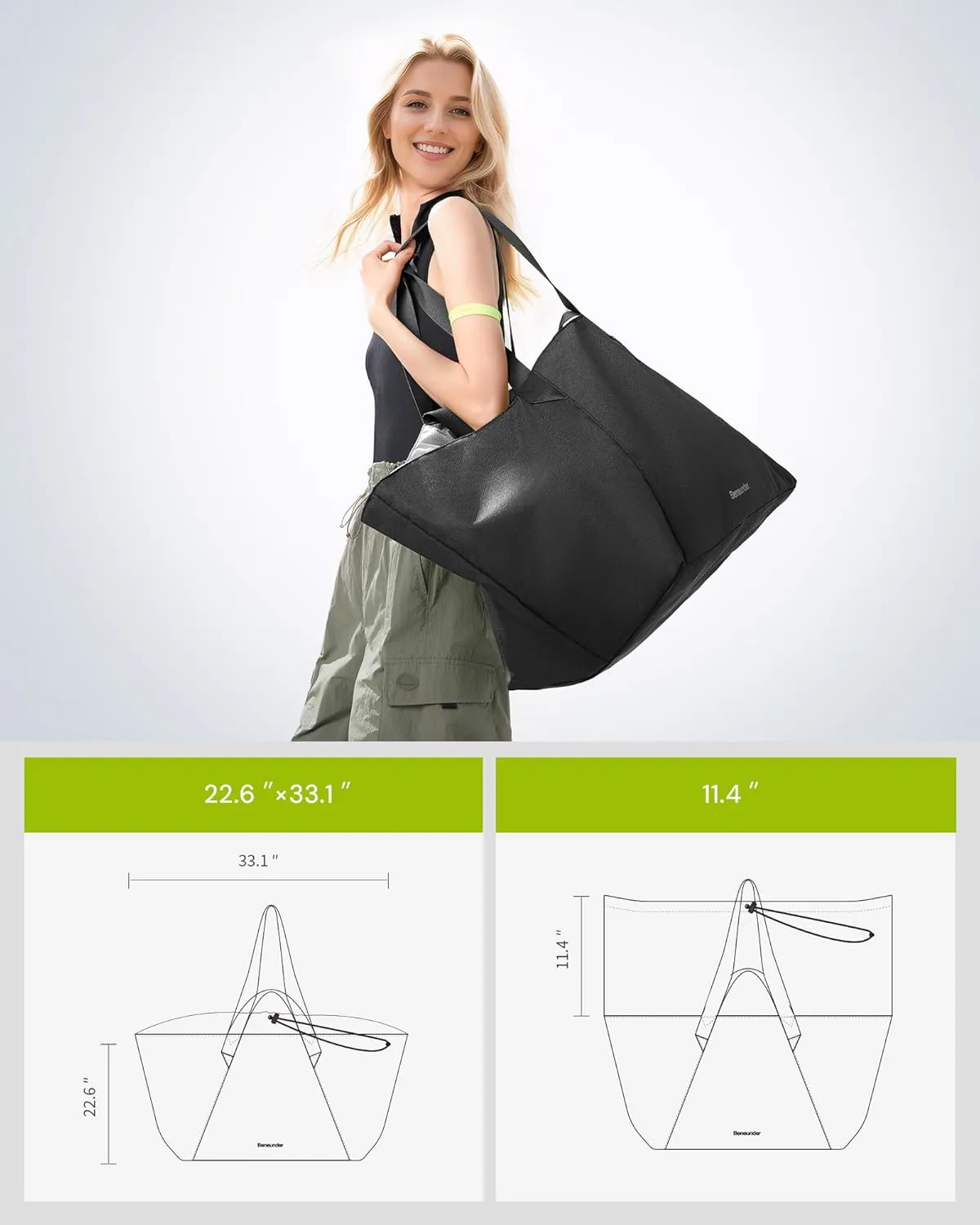 BENEUNDER Tote Bag for Women, Foldable Gym Tote Bag, Beach Tote Bag, Lightweight Shoulder Bag for Travel, Work, Sports(Large/Extra Large)