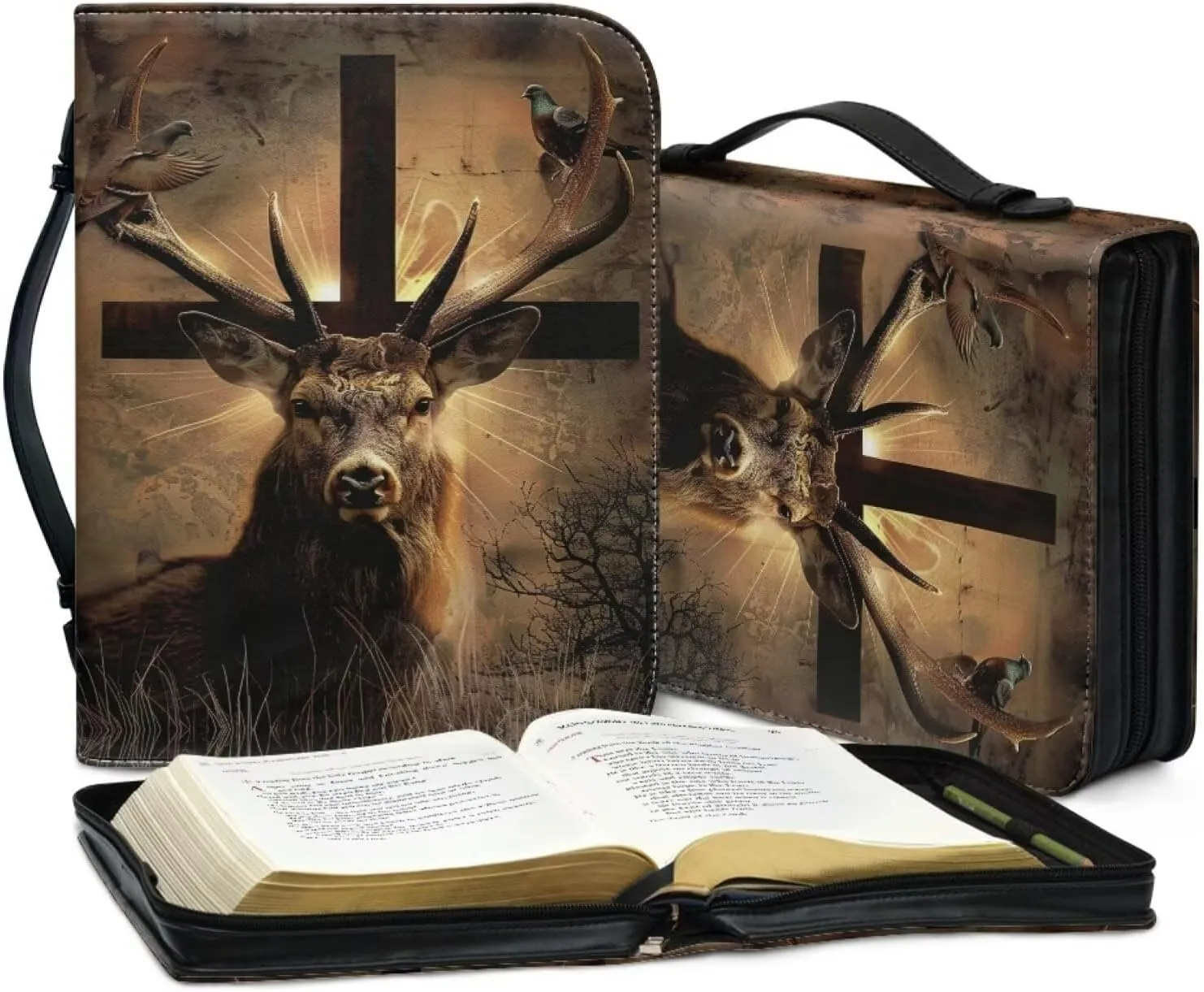 Bible Cover Case for Women Men Waterproof Bible Storage Bag with Zipper and Handle Large Capacity Church Bag, Study Tote Handbag for Pens, Workbook,Pigeon Cross Deer 1