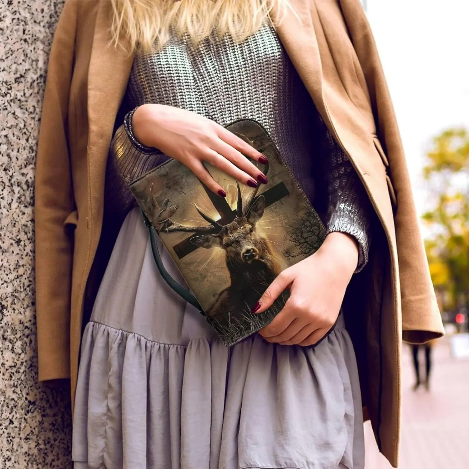Bible Cover Case for Women Men Waterproof Bible Storage Bag with Zipper and Handle Large Capacity Church Bag, Study Tote Handbag for Pens, Workbook,Pigeon Cross Deer 1