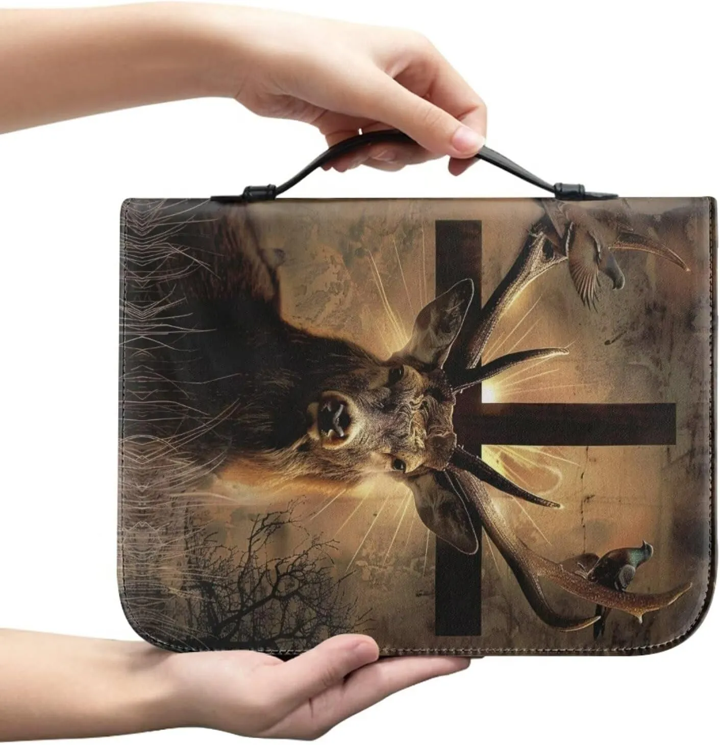 Bible Cover Case for Women Men Waterproof Bible Storage Bag with Zipper and Handle Large Capacity Church Bag, Study Tote Handbag for Pens, Workbook,Pigeon Cross Deer 1