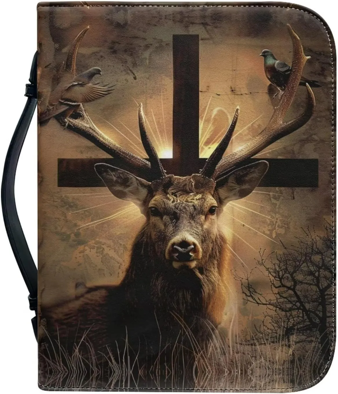 Bible Cover Case for Women Men Waterproof Bible Storage Bag with Zipper and Handle Large Capacity Church Bag, Study Tote Handbag for Pens, Workbook,Pigeon Cross Deer 1