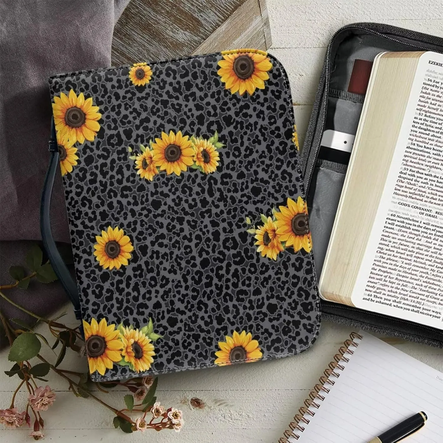 Bible Cover for Women Fashion Bible Protector for Travel Bible Study Bag Church Library Outdoor Study Organizer Protective Scripture Christian Church Worship,Leopard Sunflower