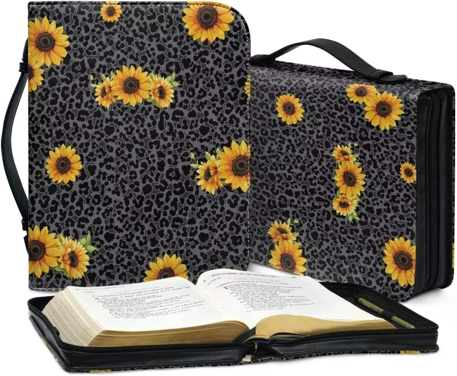 Bible Cover for Women Fashion Bible Protector for Travel Bible Study Bag Church Library Outdoor Study Organizer Protective Scripture Christian Church Worship,Leopard Sunflower