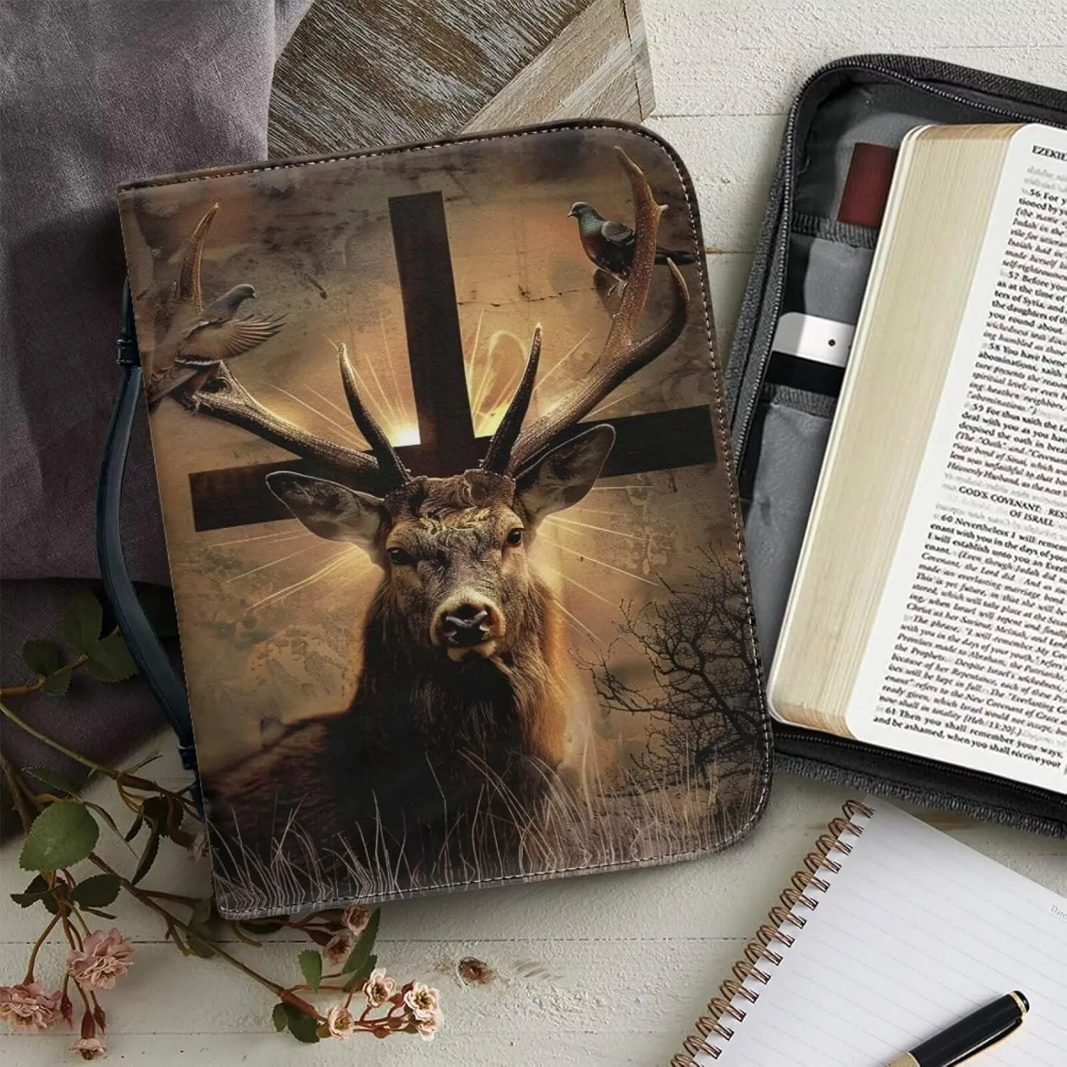 Bible Cover for Women Men Bible Carrying Case with Zipper Pocket and Handle Personalized Bible Bag for Church Travel Handbags for Daily Items,Pigeon Cross Deer 1