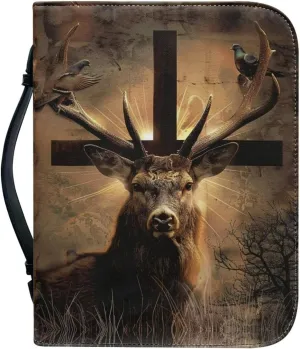 Bible Cover for Women Men Bible Carrying Case with Zipper Pocket and Handle Personalized Bible Bag for Church Travel Handbags for Daily Items,Pigeon Cross Deer 1