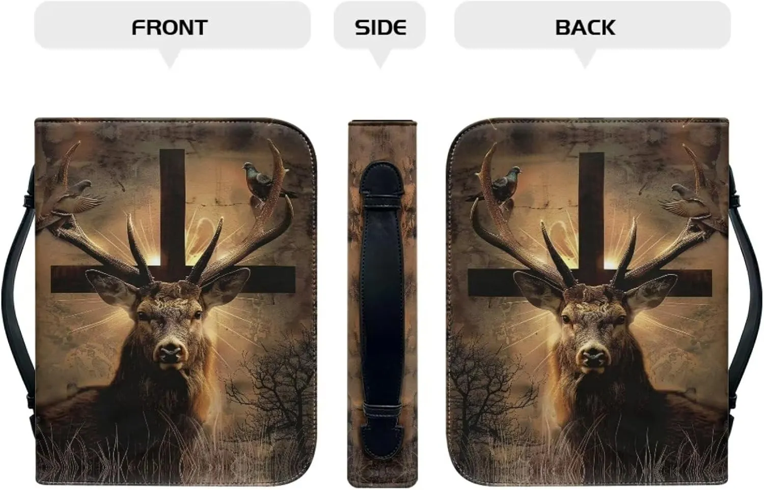 Bible Cover for Women Men Bible Carrying Case with Zipper Pocket and Handle Personalized Bible Bag for Church Travel Handbags for Daily Items,Pigeon Cross Deer 1