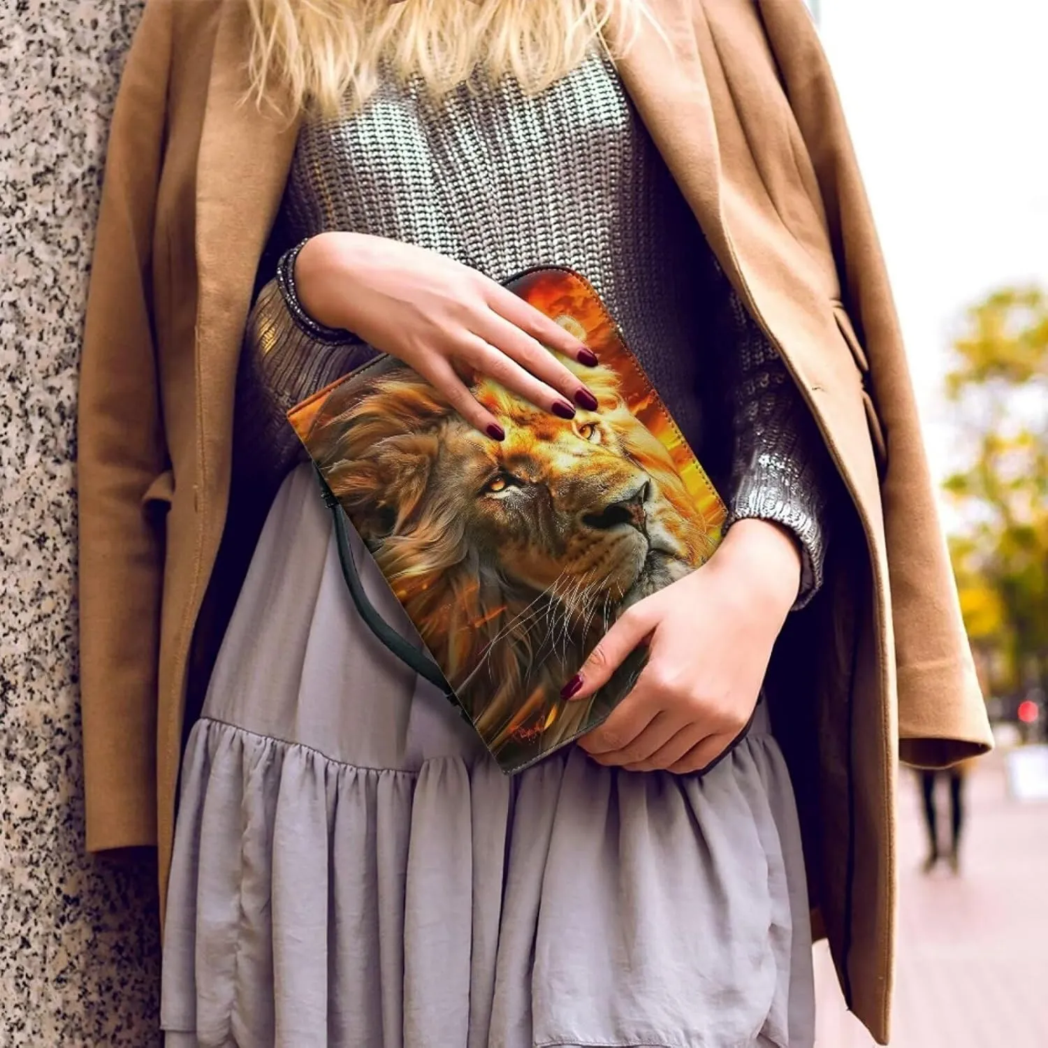 Bible Cover for Women Men PU Leather Bible Case Book Protector Large Capacity Bible Bag Tote Handbag for Christian Prayer Outdoor Study,Flaming Lion 1