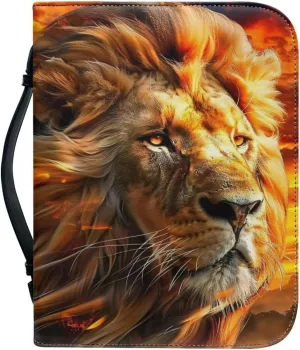 Bible Cover for Women Men PU Leather Bible Case Book Protector Large Capacity Bible Bag Tote Handbag for Christian Prayer Outdoor Study,Flaming Lion 1