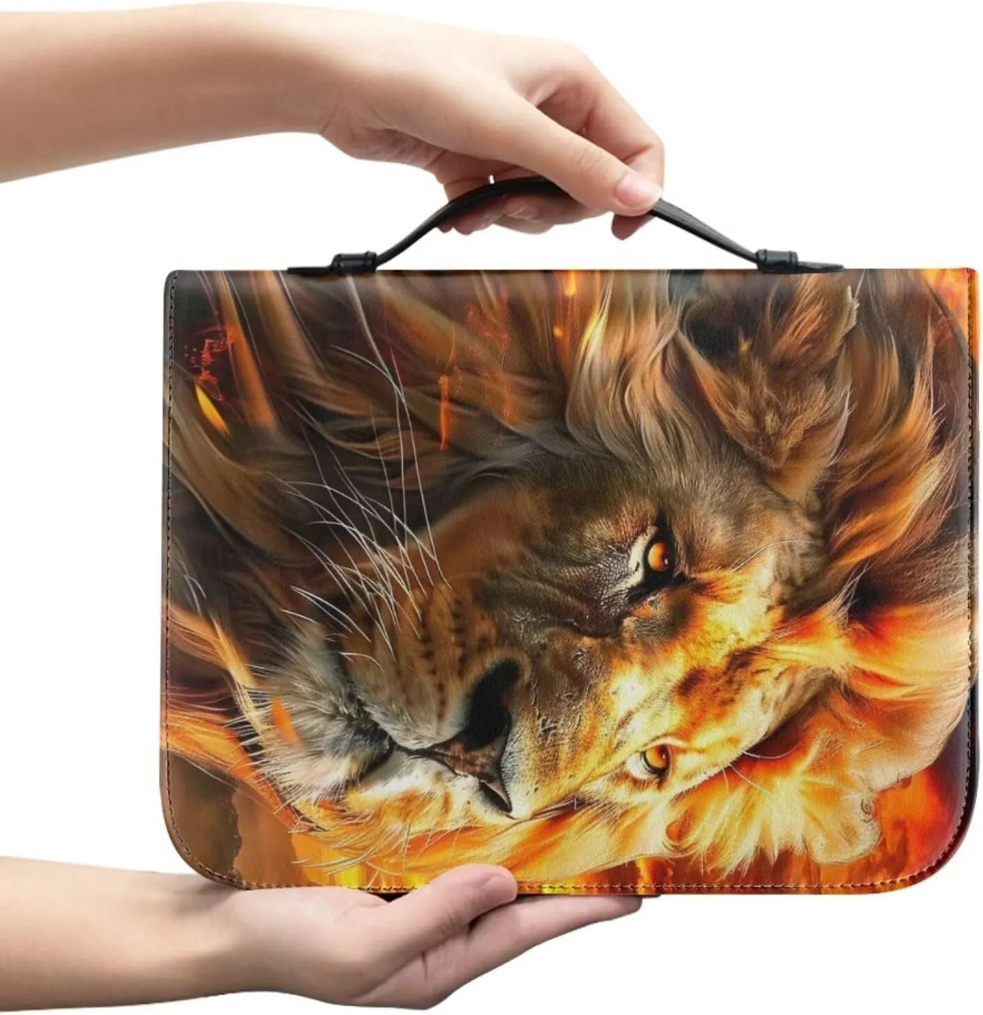 Bible Cover for Women Men PU Leather Bible Case Book Protector Large Capacity Bible Bag Tote Handbag for Christian Prayer Outdoor Study,Flaming Lion 1