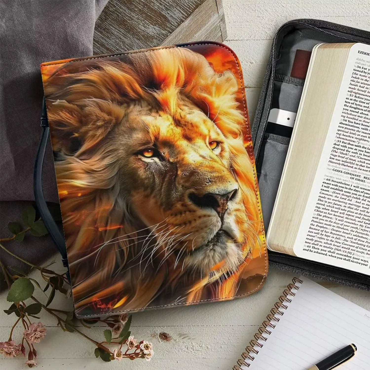 Bible Cover for Women Men PU Leather Bible Case Book Protector Large Capacity Bible Bag Tote Handbag for Christian Prayer Outdoor Study,Flaming Lion 1