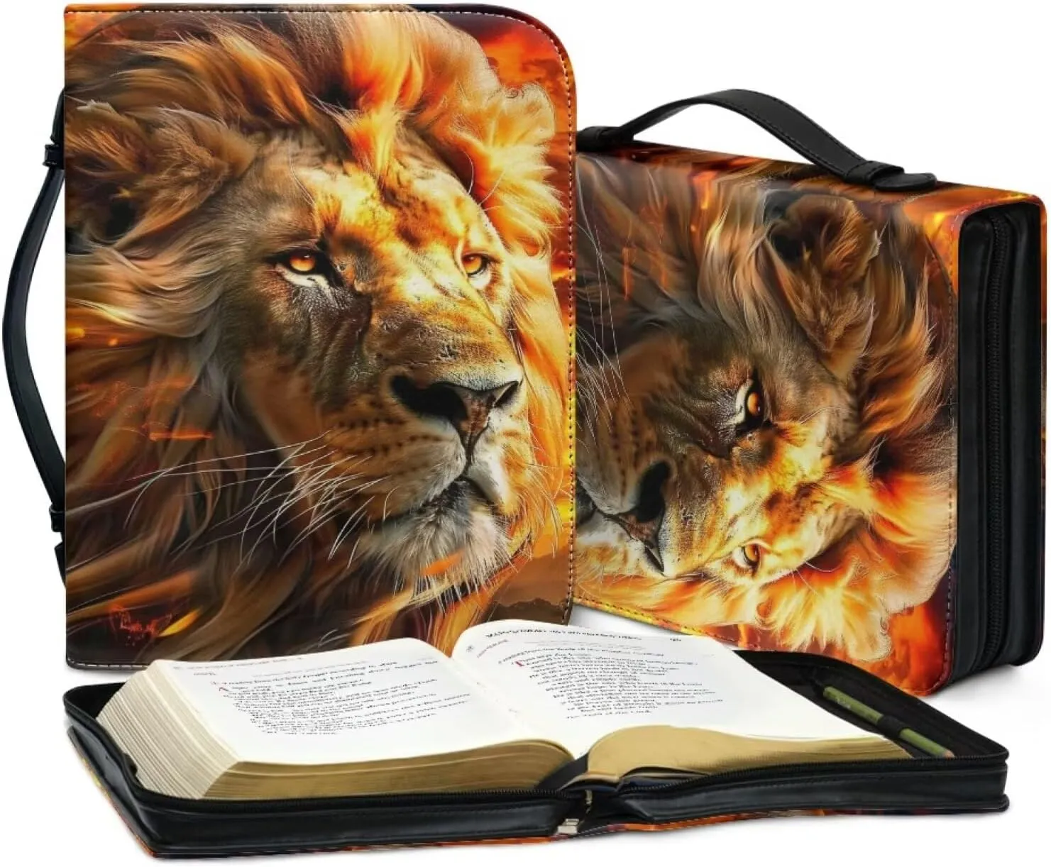 Bible Cover for Women Men PU Leather Bible Case Book Protector Large Capacity Bible Bag Tote Handbag for Christian Prayer Outdoor Study,Flaming Lion 1