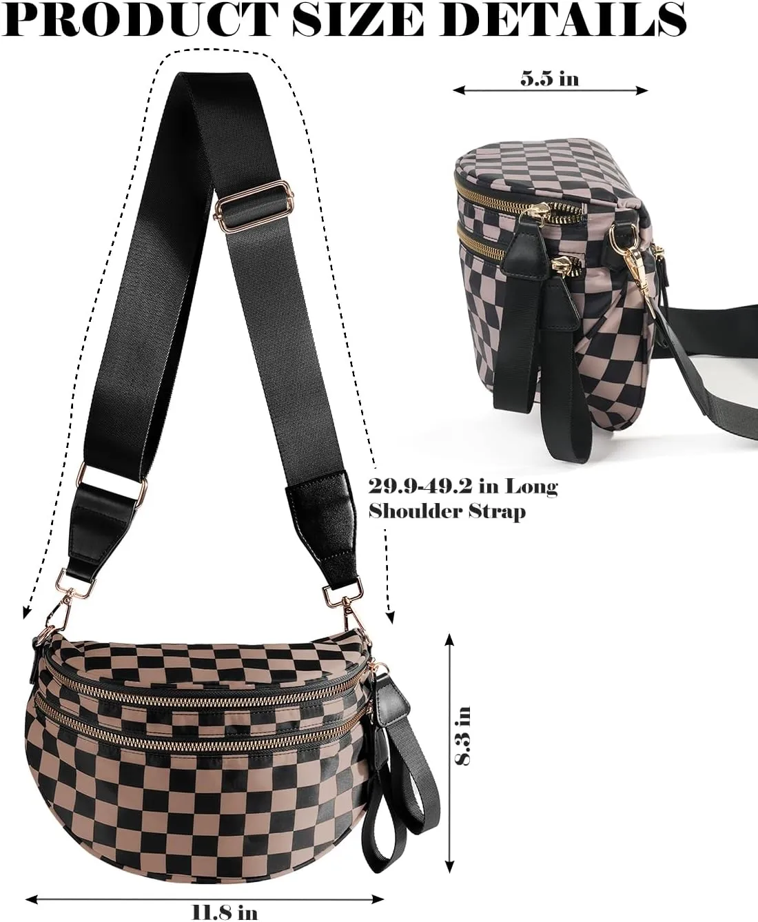 Black and White Checkered Crossbody Bag Bum Bag for Women,Spacious Checkered Purse Fanny Packs Belt Bag