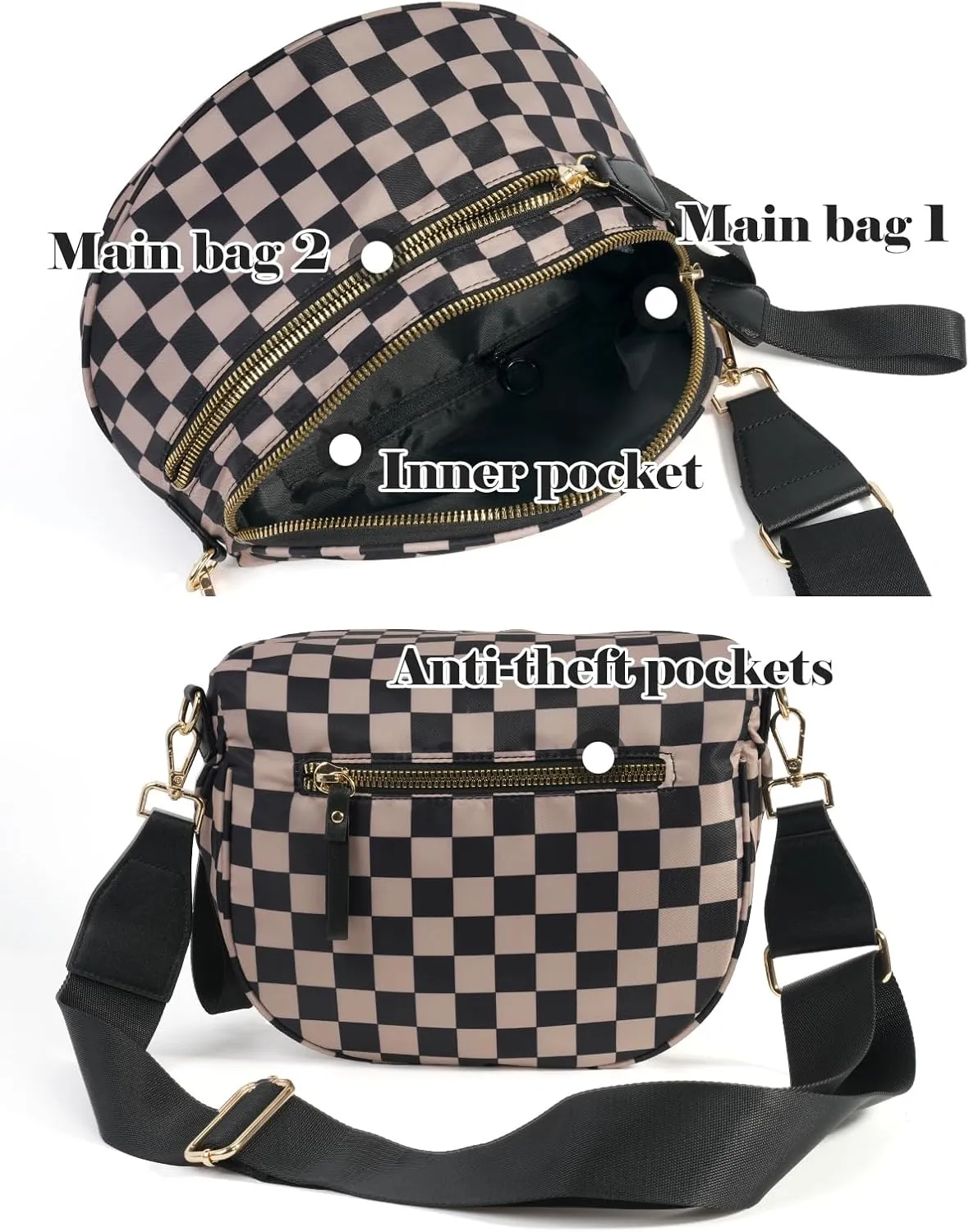 Black and White Checkered Crossbody Bag Bum Bag for Women,Spacious Checkered Purse Fanny Packs Belt Bag
