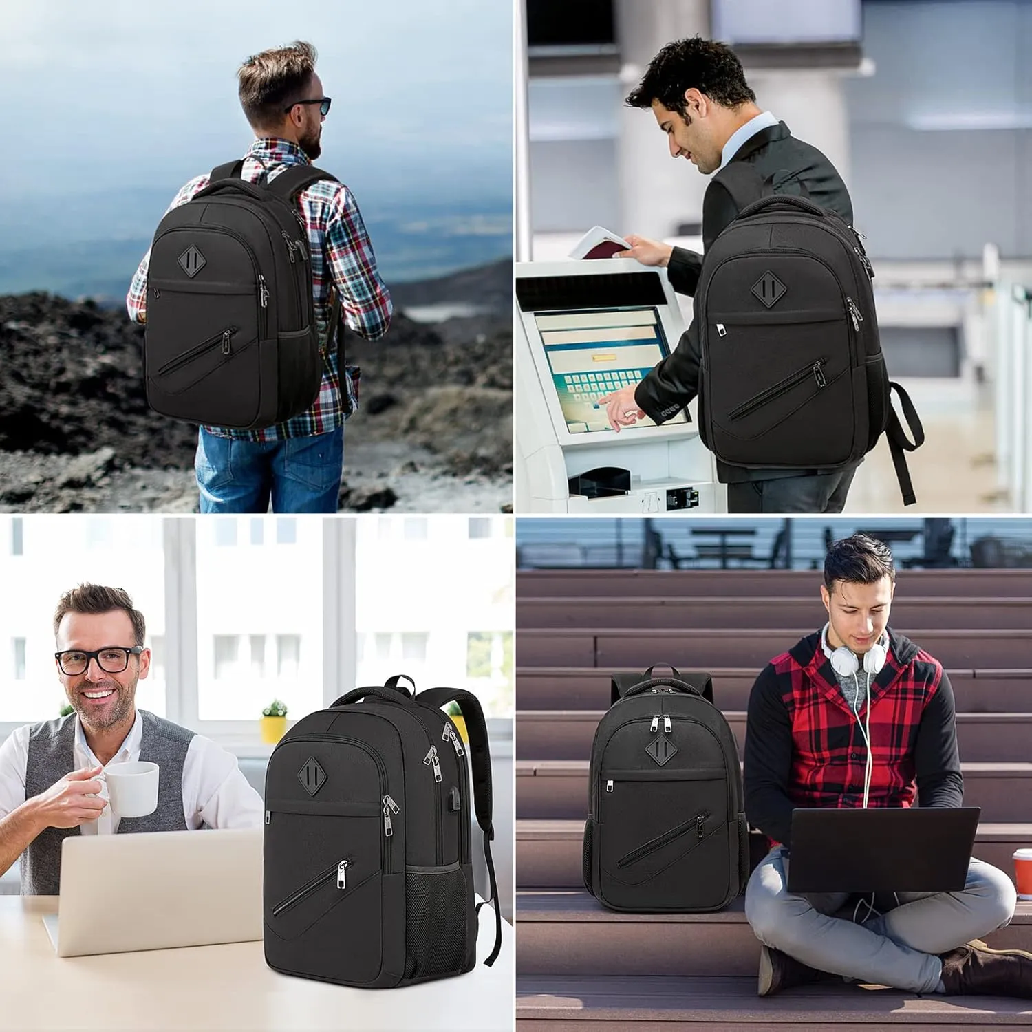Black Backpack, School Backpacks for Teen Boys & Girls, Student Bookbag Fits 17.3 Inch Laptop with USB Charging Port, Water Resistant Travel Backpack, Sturdy Anti Theft Computer Bag Gifts Men Women