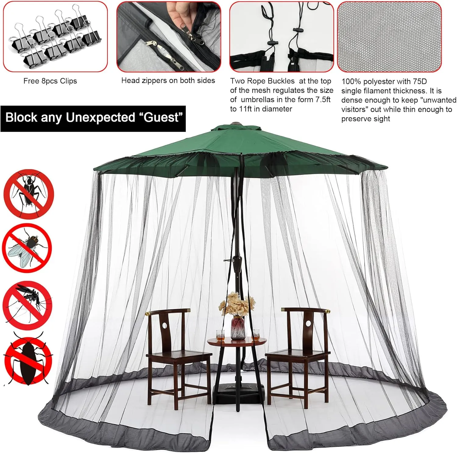 Black Patio Umbrella Mosquito Net, with Double Zipper Door, Polyester Mesh Screen, Universal for Outdoor Umbrellas, 7.5-11ft